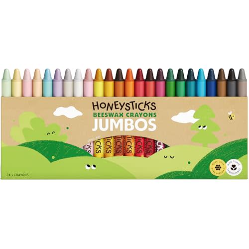 Honeysticks Jumbo Crayons (24 Pack) - Non Toxic Crayons - 100% Pure Beeswax and Food Grade Colors - 24 Bright Colors - Large, Easy to Hold and Use - Preschool Art Supplies for Toddlers/Kids 3-5, 4-8