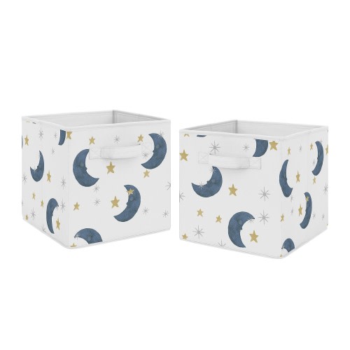 Moon and Star Collection Foldable Fabric Storage Bins - Navy Blue Gold Watercolor Celestial Gender Neutral Outer Space Galaxy