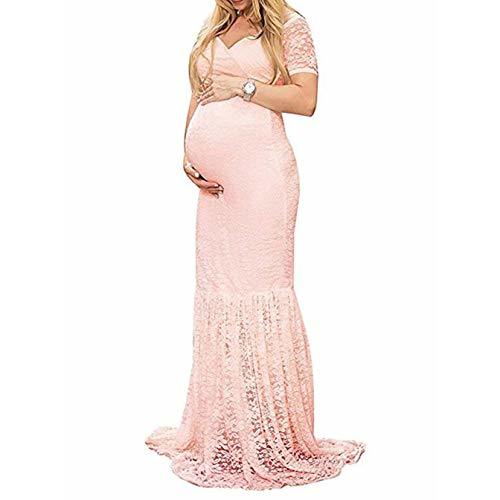 ZIUMUDY Womens Off Shoulder Short Sleeve V Neck Lace Maternity Gown Maxi Photography Dress