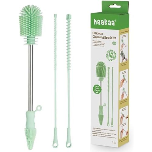 Haakaa Silicone Cleaning Brush Kit – Household Cleaning Brushes for Bottles and Crevices – Food-Grade Silicone: Dishwasher Safe (Kit-Lime)
