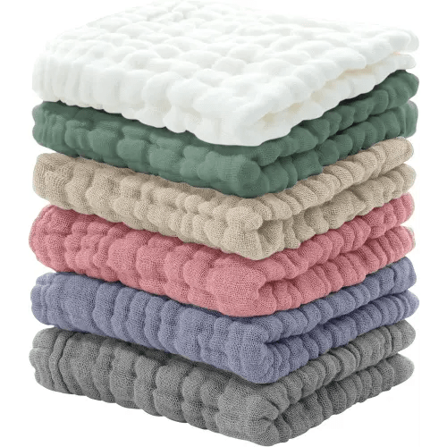Looxii Muslin Baby Washcloths 6 Pack, 100% Cotton Baby Wash Cloths for Baby Face Body, 12x12 inches Large Soft Absorbent Face Towels for Newborns Multicolor