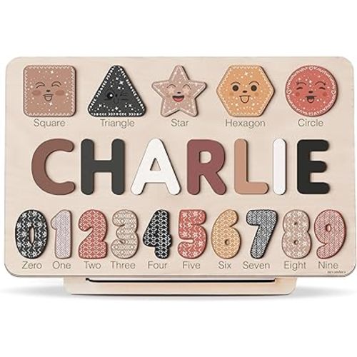 Wooden Name Puzzle Personalized with Numbers & Shapes for Kids 1-3 | 11 Color Themes | Handmade Montessori Toy, Keepsake Decor & Ideal 1st Birthday Gift