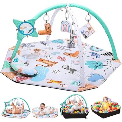 Baby Play Gym Mat, Baby Activity Tummy Time Mat with 5 Toys, Baby Essentials Gift Toys for Infant