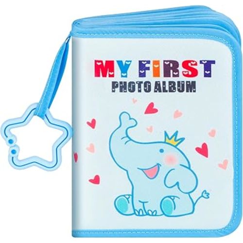Baby's My First Photo Album Holds 21 4x6 Pictures, Baby Memory Album Gift Soft Cloth Heart Elephant Baby Photo Album with Name Card & Name Tag Stickers for Toddler Kids Baby Shower, Blue