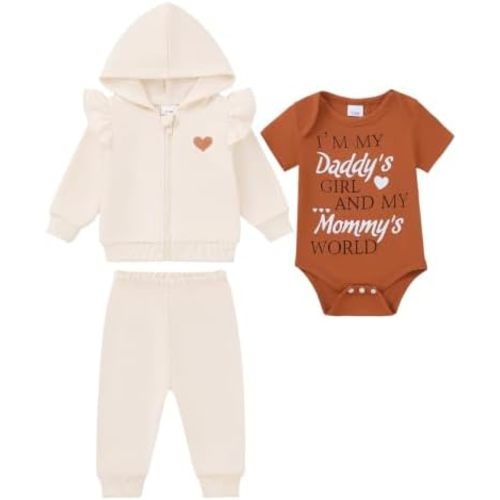 SUNNY PIGGY Baby Girl Clothes Newborn Outfits 3Pcs Ruffle Hooded Zip-Up Jacket Cute Bodysuit Infant Girls Clothing Set