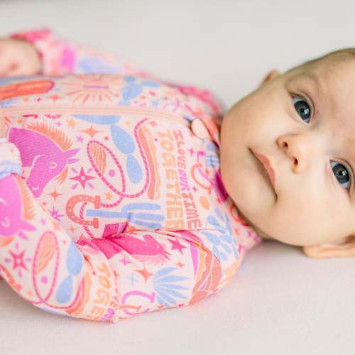 Saddle Up | Bamboo Footie Onesie Sleeper | "I Love Our Time Together" | Thermo-Regulating, Double Zipper, 4-Way Stretch | Raising Mama