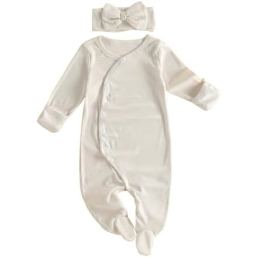 BULINGNA Newborn Baby Girl Outfit Footed Jumpsuit with Headband Set
