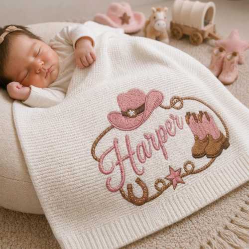 Custom Cowgirl Embroidered Baby Blanket, Personalized Western Name Knit Throw, Pink Cowboy Boots Nursery Keepsake, Baby Shower Gift
