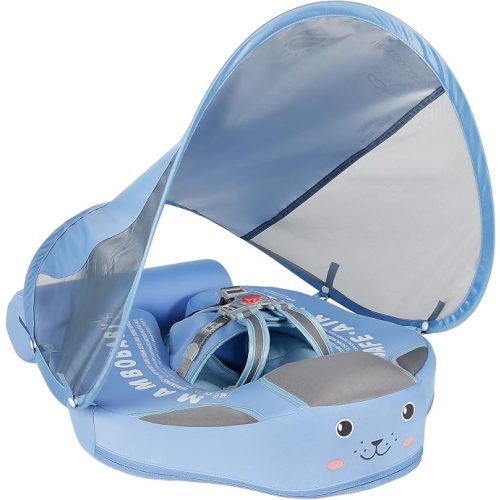 Mambobaby Float Add Tail No Flip Over Non-Inflatable Baby Swim Float Pearl Foam Solid Water Floats Smart Swim Trainer Infant Pool Float Swim Ring with Sun Canopy