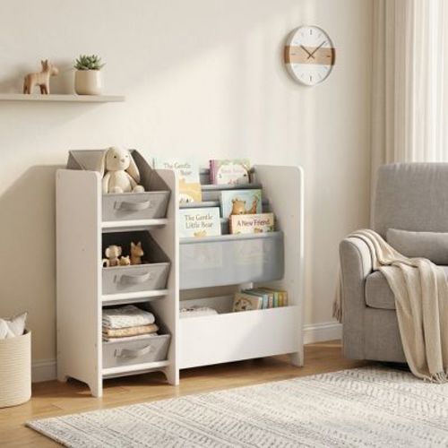 Kids Bookshelf and Toy Storage Organizer, Multifunctional 4 Tier Kids Book Shelf with 3 Collapsible Fabric Drawers, White