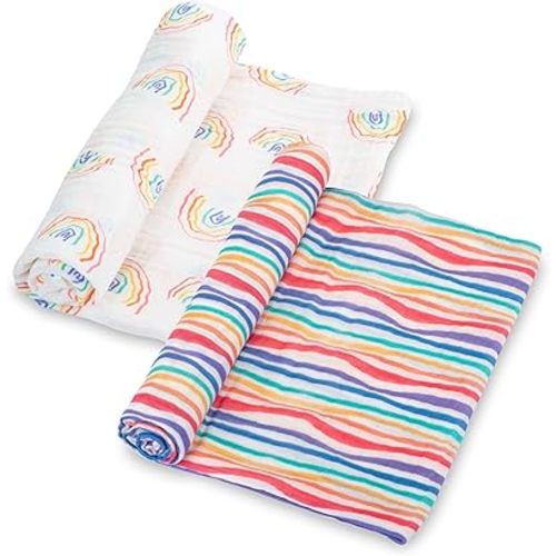LollyBanks Baby Blankets 2 Pack, 100% Organic Cotton Muslin Swaddle Blankets for Boys and Girls, Soft and Breathable 47 x 47 Inches Newborn Receiving Blanket, Baby Registry (Rainbow and Colorful Wave)