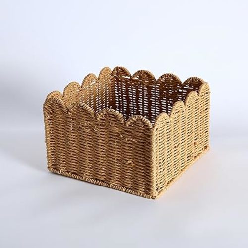 Scalloped Edge Basket, Wicker Storage Baskets, Hand Woven Baskets for Shelves,Natural Baskets for Organizing (S-9.5" L x 9.5" W x 5.5" H)