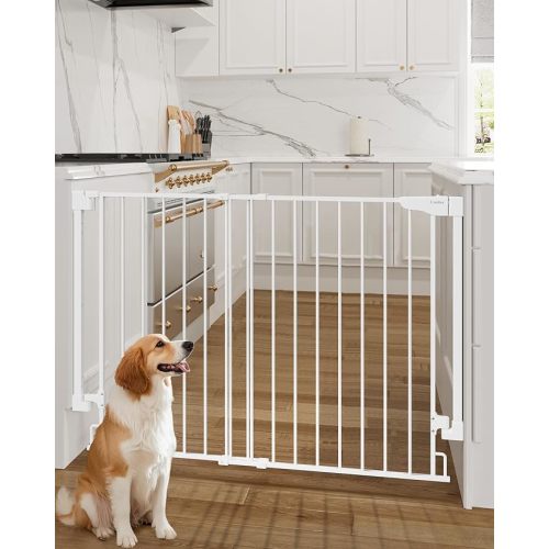 Cumbor 29.2–43" Baby Gate for Stairs, Wall-Mounted (Drill Required), Expandable No Bottom Bar Dog Gate, Auto Close Extra Wide Walk Thru, Pet & Toddler Proof Gate, Top & Bottom of Stairways (White)