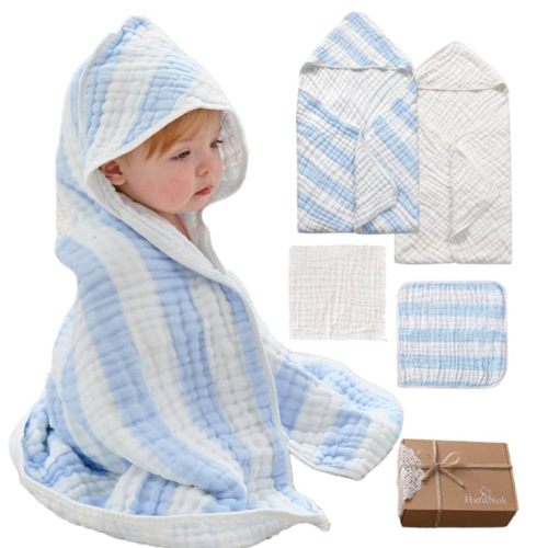 Muslin Hooded Baby Towel 4 Pack, Preuim Muslin 6 Layers Natural Cotton Baby Bath Towels, Soft and Comfortable for Boys,Girls (32 x 32, Blue Striped and White)