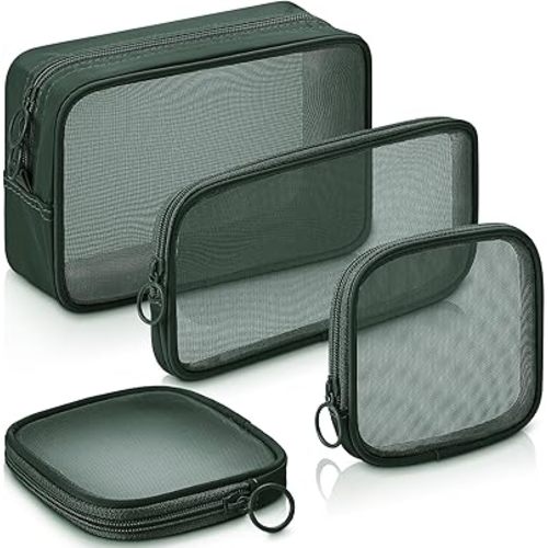 Weewooday 4 Pcs Mesh Makeup Bag Mesh Cosmetic Bag Travel Toiletry Bag Pouch with Zipper Mini Portable Makeup Cosmetic Travel Toiletry Purse Bag for Daily Accessories (Olive Green,Small, Large, Medium)