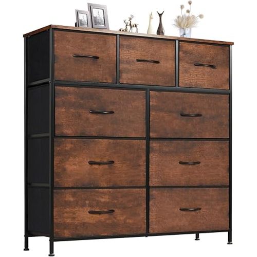 OLIXIS 9 Drawer Storage Dresser with Wood Top - Wide Fabric Chest Organizer for Bedroom, Closet, Living Room,Tower Cabinet, TV Stand, Hallway Entryway Furniture,Brown