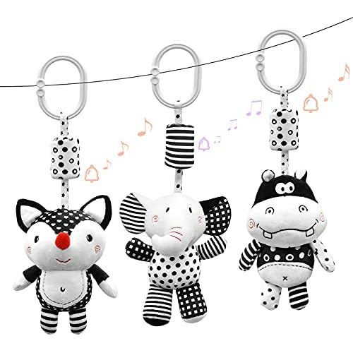 Euyecety Hanging Rattles Toys White & Black Stroller Toy, Newborn Toys Infant Toys Crib Toys, Soft Plush for Stroller Car Seat Crib with Wind Chimes, Best Baby Gift for 0,3,6,9,12,18 Months (3 Packs)