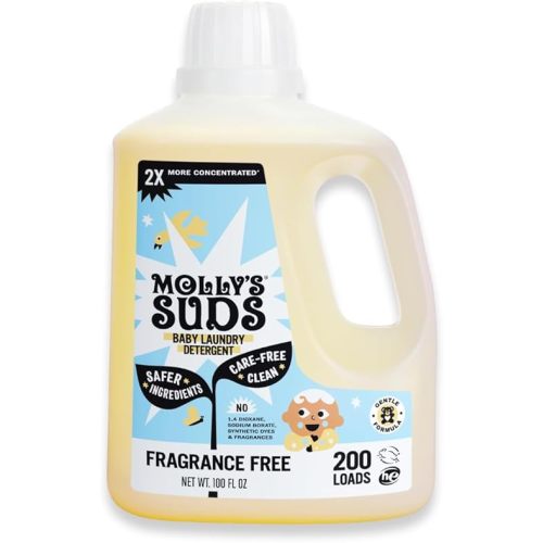 Molly's Suds Baby Liquid Laundry Detergent | Removes Formula, Poop & Spit-Up Stains | Extra Gentle for Infants, Babies, Toddlers (Fragrance Free, 200 Loads)