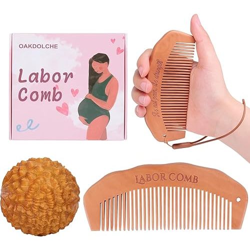 Birth Comb & Acupressure Massage Ball Set for Women Labor and Delivery Essentials, Wooden Labor Comb Pregnancy Must Haves, Designed for Expectant Moms
