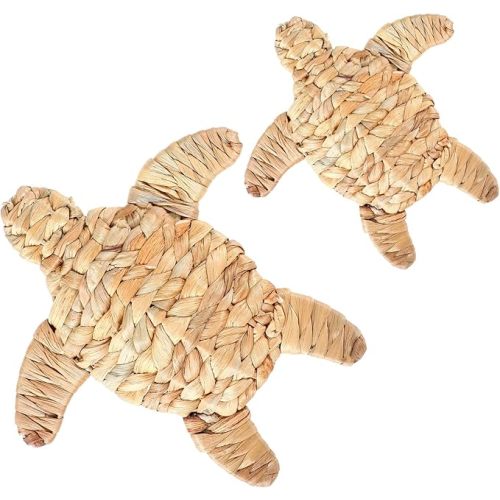 Threehoney 2 Pcs Turtle Beach Theme Decor 2 Size Handmade Wicker Turtle Wall Decor Sea Life Hanging Wall Art Coastal Nautical Sculpture Table Decoration for Boho Bathroom Indoor Outdoor Ornament