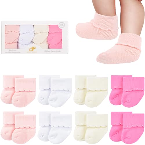 BEBE FAVOUR 8 Pairs Newborn Socks Thick Cotton Terry Turn Cuff Baby Socks 0-6 Months Cute Gifts for Preemie Infant Girl Boy