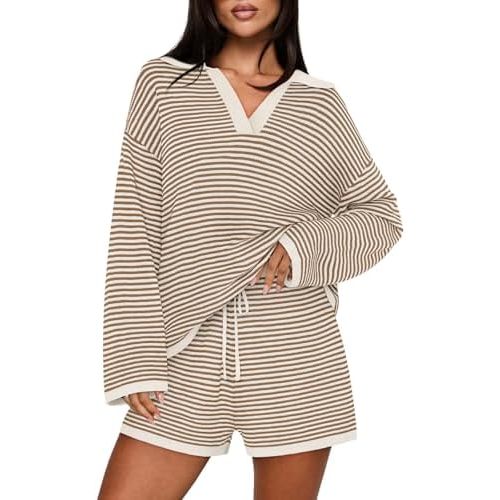 MEROKEETY Lounge Sweater Sets for Women 2 Piece Outfits Casual Long Sleeve Striped Tops Shorts Matching Set