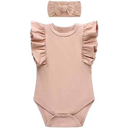 O2 BABY Organic Cotton Onesie Baby Girl Ruffle Romper Sleeveless Bodysuit Jumpsuit with Headband Outfit Set for Infant