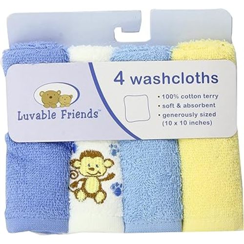 Luvable Friends Unisex Baby Super Soft Cotton Washcloths, Blue Monkey, One Size