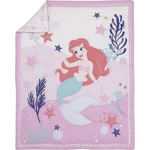 Disney The Little Mermaid Ariel Cute by Nature White & Pink Star Fish & Coral Reef 3Piece Nursery Mini Crib Bedding Set - Comforter & Two Fitted Mini Crib Sheets, Pink, Aqua, Lavender, White