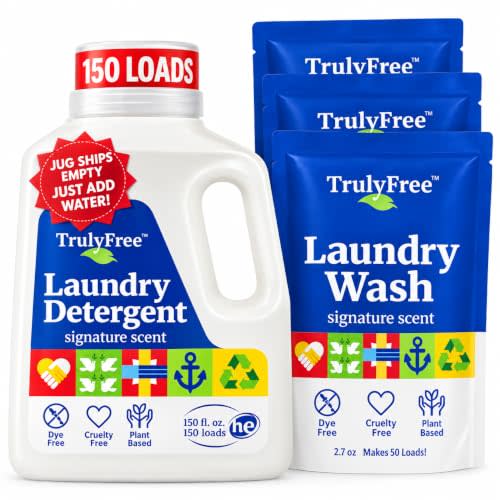 Truly Free Natural Laundry Detergent - 3 Pack + 1 Refillable Jug, 150 Loads | Designed for Sensitive Skin, Plant-Based, Perfect for Baby Clothes, Clean & Easy Powder to Liquid, Signature Scent