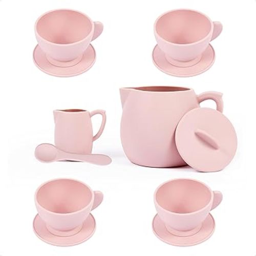 12Pcs Silicone Tea Party Set for Little Girls - Pretend Play Eco-Friendly, BPA Free Kids Tea Set - Dishwasher Safe Tea Set for Toddlers - Won't Break Like Plastic or Porcelain Toys