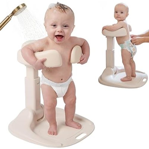 GROWNSY Baby Bath Stand for Babies 6 Months & Up, Foldable Baby Shower Stand for Infants and Toddlers, Adjustable Baby Shower Standing Support With Shower Holder