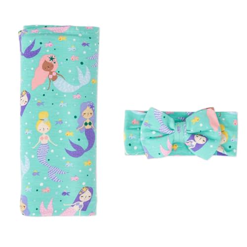 Little Sleepies Swaddle & Headband Bow Set, Viscose from Bamboo Baby Swaddles, Newborn Baby Girl Clothes (Luxe Mermaid Magic)