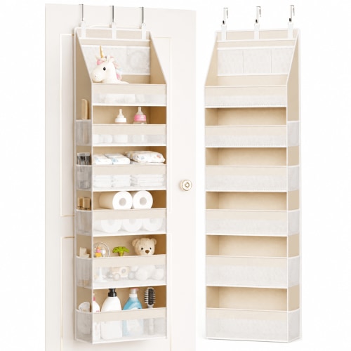 Over the Door Organizer, 6-Shelf Hanging Door Storage with 13 Mesh Side Pockets, 55 lb Capacity Behind Door Organizer for Nursery, Bathroom, Bedroom, Dorm, Closet, Beige