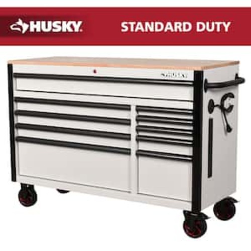 Standard-Duty 52 in. W 10-Drawer Matte White Mobile Workbench Cabinet with Red Accents and Solid Wood Top