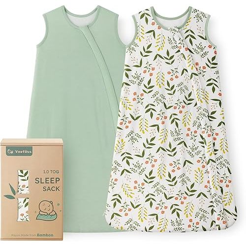 Yoofoss Rayon Made from Bamboo Baby Sleep Sack 0-6 Months TOG 0.5 Baby Wearable Blanket, Super Soft Infant Toddler Sleeping Sack 2-Way Zipper, Green&Flower