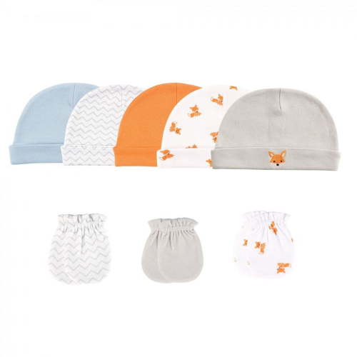 Luvable Friends Baby Boy Cotton Caps and Scratch Mittens 8pk, Fox, 0-6 Months
