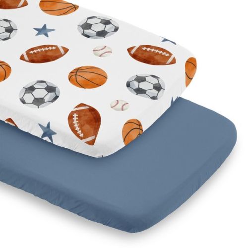 Sweet Jojo Designs Boy Baby Bassinet Fitted Sheets Set Watercolor Sports Theme Blue Brown and Orange 2pc