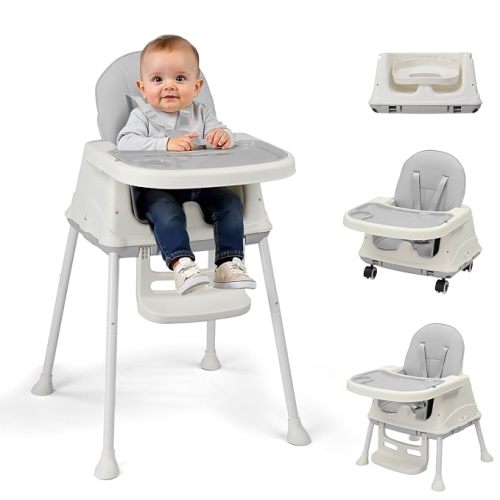 Ktaxon 6-in-1 Baby High Chair, Portable Convertible Highchair with Removable Dual-Layer Tray, 5-Point Safety Harness and Locking Wheels for Toddlers & Babies, Grey