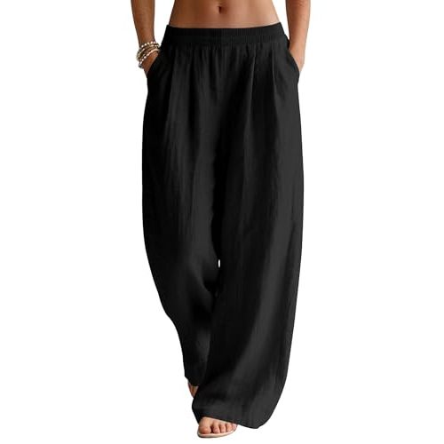 LOMON Linen Pants Women Wide Leg Palazzo Summer Flowy Pants Beach Vacation Clothes Elastic Waist Travel Trousers with Pockets