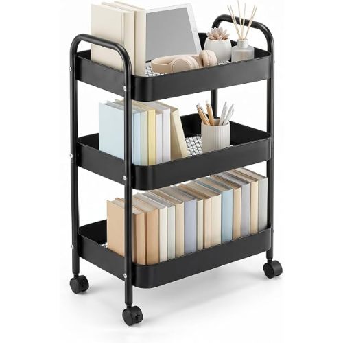 3-Tier Carbon Steel Rolling Cart for Dorm - Black Utility Cart College Essentials with 360° Swivel Lockable Wheels, Book Cart Self Organizer for Girls Bedside Snack Storage