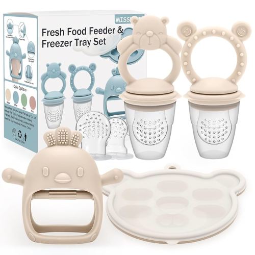 4 Pack Silicone Teething Mitten for Babies with Baby Fruit Food Feeder & Freezer Tray Set, BPA Free Infant Teething Relief Toy for 3 Month+, Additional Silicone Sacs