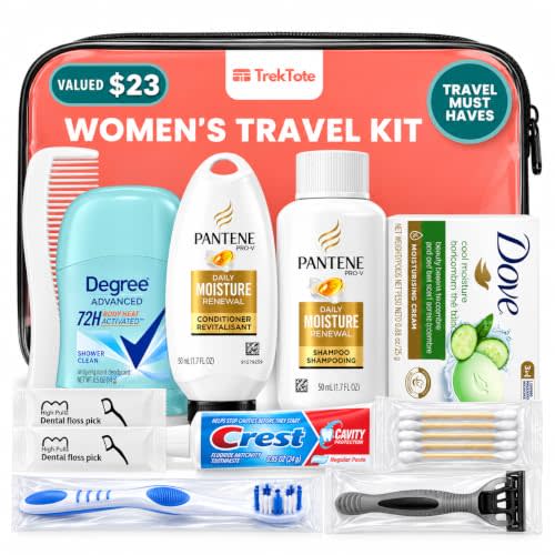 Travel Essentials Kit For Women Includes Name Brand Travel Size Toiletries | Travel Size Shampoo And Conditioner, Bar Soap, Toothpaste, Deodorant And Accessories. Premium Reusable Travel Toiletry Bag,
