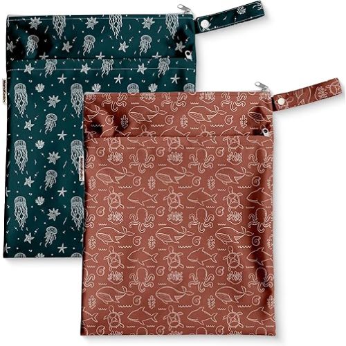 Mama Koala Waterproof Wet Dry Bags for Baby Items, Cloth Diapers, Swimsuits, Travel, Gym Clothes, Beach, Pump Parts, Toiletries, Two Zippered Pockets, 2 Pack (W020)