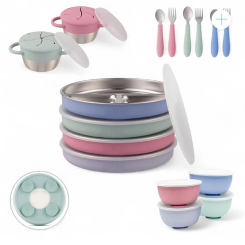 Stainless Steel Mealtime Bundle | Sucton Sleeves | Plates, Bowls, Snack Cups + Toddler Utensils | 16 Pcs | Blush/Lilac/Sage/MistyBlue
