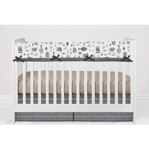 Bacati - Owls Grey/Beige Neutral Cotton Reversible Long Crib Rail Guard Cover