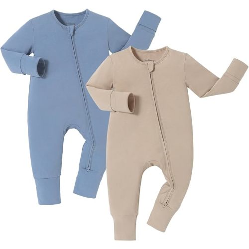 JunNeng 100% Cotton 2Pack Baby Boy Zipper Romper Long Sleeve Baby Pajamas with Mitten Cuffs One Piece 0-18 Months