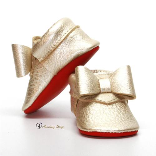 Handmade Leather Baby Moccasins: Gold Bow, Red Bottom Princess Shoes