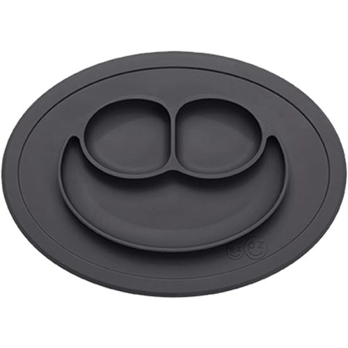 ezpz Mini Mat (Slate) - 100% Silicone Suction Plate with Built-in Placemat for Infants + Toddlers - First Foods + Self-Feeding - Comes with a Reusable Travel Bag