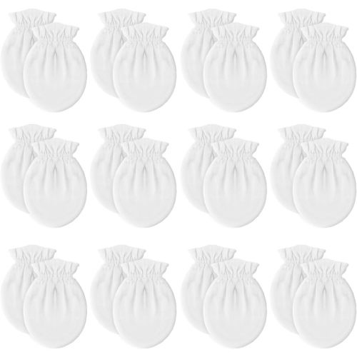 12 Pairs Newborn Baby Mittens,Unisex-Baby No Scratch Mittens,100% Cotton White Mittens for Baby 0-6 Months